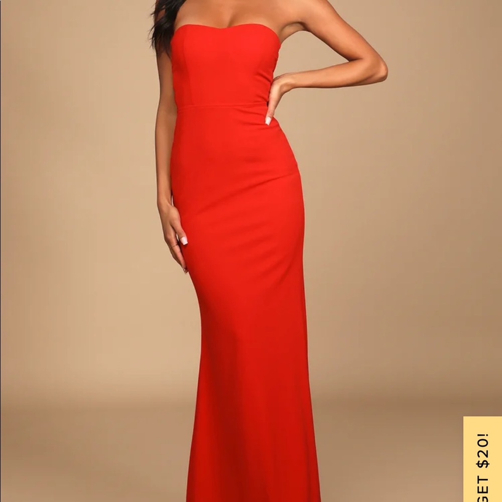 Lulus Glamorous Gala Red Strapless Cutout Mermaid Maxi Dress size xs